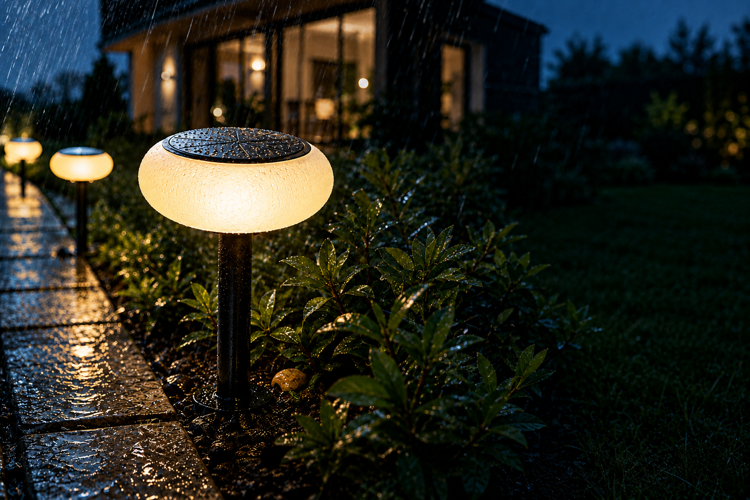 Outdoor solar lighting tested for rain and weather resistance